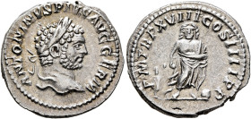Caracalla, 198-217. Denarius (Silver, 19 mm, 3.22 g, 7 h), Rome, 215. ANTONINVS PIVS AVG GERM Laureate head of Caracalla to right. Rev. P M TR P XVIII...