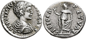 Geta, as Caesar, 198-209. Denarius (Silver, 18 mm, 3.25 g, 6 h), Laodicea ad Mare, 198. L SEPTIMIVS GETA CAES Bare-headed, draped and cuirassed bust o...