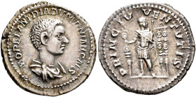 Diadumenian, as Caesar, 217-218. Denarius (Silver, 21 mm, 2.83 g, 12 h), Rome, summer 217-early 218. M OPEL ANT DIADVMENIAN CAES Bare-headed and drape...