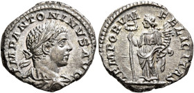 Elagabalus, 218-222. Denarius (Silver, 18 mm, 3.64 g, 12 h), Rome, 219. IMP ANTONINVS AVG Laureate and draped bust of Elagabalus to right, seen from b...