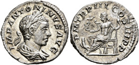 Elagabalus, 218-222. Denarius (Silver, 18 mm, 3.08 g, 6 h), Rome, 220. IMP ANTONINVS AVG Laureate and draped bust of Elagabalus to right, seen from be...
