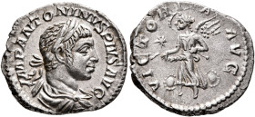 Elagabalus, 218-222. Denarius (Silver, 19 mm, 2.65 g, 6 h), Rome, 220-221. IMP ANTONINVS PIVS AVG Laureate and draped bust of Elagabalus to right, see...