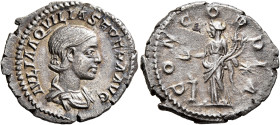 Aquilia Severa, Augusta, 220-221 & 221-222. Denarius (Silver, 21 mm, 2.68 g, 6 h), Rome, 220. IVLIA AQVILIA SEVERA AVG Draped bust of Aquilia Severa t...