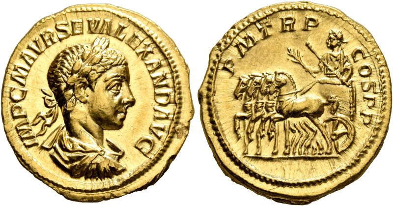 Severus Alexander, 222-235. Aureus (Gold, 21 mm, 6.43 g, 12 h), Rome, April 222....