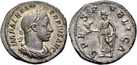 Severus Alexander, 222-235. Denarius (Silver, 19 mm, 3.28 g, 12 h), Rome, 232. IMP ALEXANDER PIVS AVG Laureate, draped and cuirassed bust of Severus A...