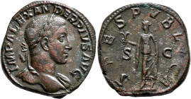 Severus Alexander, 222-235. Sestertius (Orichalcum, 32 mm, 24.06 g, 12 h), Rome, 232. IMP ALEXANDER PIVS AVG Laureate head of Severus Alexander to rig...