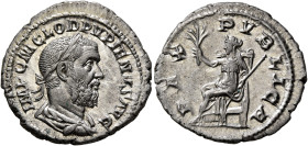 Pupienus, 238. Denarius (Silver, 20 mm, 3.63 g, 12 h), Rome, circa April-June 238. IMP C M CLOD PVPIENVS AVG Laureate, draped and cuirassed bust of Pu...