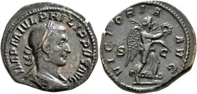 Philip I, 244-249. Sestertius (Orichalcum, 31 mm, 17.92 g, 1 h), Rome, 244. IMP M IVL PHILIPPVS AVG Laureate, draped and cuirassed bust of Philip I to...