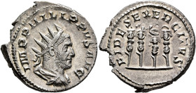 Philip I, 244-249. Antoninianus (Silver, 23 mm, 4.53 g, 6 h), Rome, 249. IMP PHILIPPVS AVG Radiate, draped and cuirassed bust of Philip I to right, se...