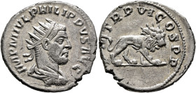Philip I, 244-249. Antoninianus (Silver, 22 mm, 3.91 g, 12 h), Antiochia, 249. IMP M IVL PHILIPPVS AVG Radiate, draped and cuirassed bust of Philip I ...