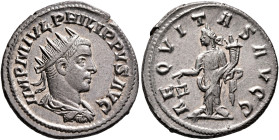 Philip II, 247-249. Antoninianus (Silver, 23 mm, 4.54 g, 1 h), Antiochia, 247-248. IMP M IVL PHILIPPVS AVG Radiate, draped and cuirassed bust of Phili...