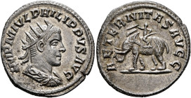 Philip II, 247-249. Antoninianus (Silver, 23 mm, 4.12 g, 6 h), Antiochia, 248-249. IMP M IVL PHILIPPVS AVG Radiate, draped and cuirassed bust of Phili...