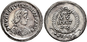 Valentinian II, 375-392. Siliqua (Silver, 18 mm, 3.15 g, 6 h), Siscia, 375-378. D N VALENTINIANVS P F AVG Pearl-diademed, draped and cuirassed bust of...