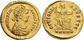 Valentinian II, 375-392. Solidus (Gold, 21 mm, 4.42 g, 6 h), Constantinopolis, 388-392. D N VALENTINI-ANVS P F AVG Rosette-diademed, draped and cuiras...