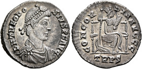 Theodosius I, 379-395. Siliqua (Silver, 17 mm, 2.01 g, 6 h), Treveri, 379-383. D N THEODO-SIVS P F AVG Pearl-diademed, draped and cuirassed bust of Th...