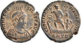 Theodosius I, 379-395. Maiorina (Bronze, 22 mm, 4.80 g, 6 h), Antiochia, 379-383. D N THEODO-SIVS P F AVG Rosette-diademed, helmeted, draped and cuira...