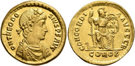 Theodosius I, 379-395. Solidus (Gold, 20 mm, 4.09 g, 6 h), Constantinopolis, 388-392. D N THEODO-SIVS P F AVG Rosette-diademed, draped and cuirassed b...