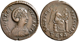 Aelia Flaccilla, Augusta, 379-386/8. Maiorina (Bronze, 22 mm, 6.01 g, 6 h), Thessalonica, 383-388. AEL FLAC-CILLA AVG Diademed and draped bust of Aeli...