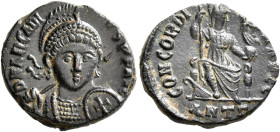 Arcadius, 383-408. Follis (Bronze, 16 mm, 2.23 g, 5 h), Antiochia, 401-403. D N ARCADI-VS P F AVG Pearl-diademed, helmeted and cuirassed bust of Arcad...