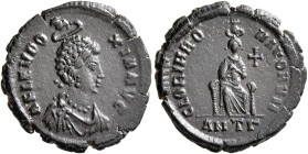 Aelia Eudoxia, Augusta, 400-404. Follis (Bronze, 18 mm, 2.10 g, 5 h), Antiochia, 400-401. AEL EVDO-XIA AVG Diademed and draped bust of Aelia Eudoxia t...