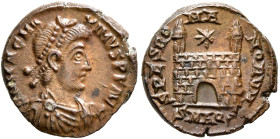 Magnus Maximus, 383-388. Nummus (Bronze, 14 mm, 1.61 g, 6 h), Aquileia. D N MAG MA-XIMVS P F AVG Pearl-diademed, draped and cuirassed bust of Magnus M...