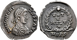 Honorius, 393-423. Siliqua (Silver, 17 mm, 1.28 g, 12 h), Mediolanum, 395-402. D N HONORI-VS P F AVG Pearl-diademed, draped and cuirassed bust of Hono...