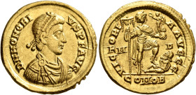 Honorius, 393-423. Solidus (Gold, 21 mm, 4.38 g, 6 h), Mediolanum, 397-402. D N HONORI-VS P F AVG Pearl-diademed, draped and cuirassed bust of Honoriu...