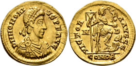 Honorius, 393-423. Solidus (Gold, 21 mm, 4.41 g, 12 h), Mediolanum, 397-402. D N HONORI-VS P F AVG Pearl-diademed, draped and cuirassed bust of Honori...