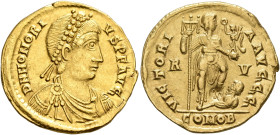 Honorius, 393-423. Solidus (Gold, 21 mm, 4.44 g, 6 h), Ravenna, 402-406. D N HONORI-VS P F AVG Pearl-diademed, draped and cuirassed bust of Honorius t...