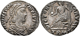 Constantine III, 407-411. Siliqua (Silver, 16 mm, 1.28 g, 6 h), Treveri, 408-411. D N CONSTAN-TINVS P F AVG Pearl-diademed, draped and cuirassed bust ...