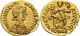 Valentinian III, 425-455. Solidus (Gold, 22 mm, 4.46 g, 7 h), Mediolanum, 430-440. D N PLA VALENTI-NIANVS P F AVG Laurel-and-rosette-diademed, draped ...