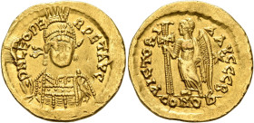 Leo I, 457-474. Solidus (Gold, 20 mm, 4.48 g, 6 h), Constantinopolis, circa 468-473. D N LEO PE-RPET AVG Helmeted, pearl-diademed and cuirassed bust o...
