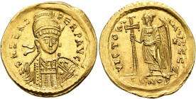 Zeno, second reign, 476-491. Solidus (Gold, 22 mm, 4.46 g, 6 h), Constantinopolis. D N ZENO PERP AVG Pearl-diademed, helmeted and cuirassed bust of Ze...