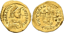 Anastasius I, 491-518. Tremissis (Gold, 16 mm, 1.51 g, 5 h), Constantinopolis. D N ANASTASIVS P P AVG Pearl-diademed, draped and cuirassed bust of Ana...