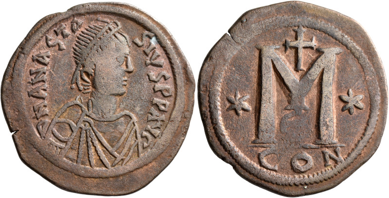 Anastasius I, 491-518. Follis (Bronze, 37 mm, 17.15 g, 6 h), Constantinopolis, 5...