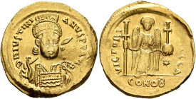 Justinian I, 527-565. Solidus (Gold, 21 mm, 4.48 g, 6 h), Constantinopolis, 527-538. D N IVSTINIANVS P P AVG Helmeted, diademed and cuirassed bust of ...