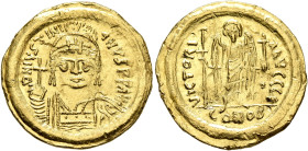 Justinian I, 527-565. Solidus (Gold, 20 mm, 4.45 g, 6 h), Constantinopolis, 545-565. D N IVSTINIANVS P P AVG Helmeted and cuirassed bust of Justinian ...