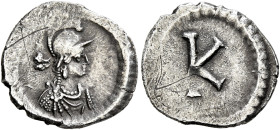 Time of Justinian I, circa 527-565. Half Siliqua (?) (Silver, 14 mm, 1.00 g, 5 h), Constantinopolis. Helmeted, draped and cuirassed bust of Constantin...