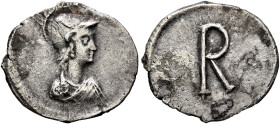 Time of Justinian I, circa 527-565. Half Siliqua (?) (Silver, 15 mm, 1.00 g, 6 h), Constantinopolis. Helmeted, draped and cuirassed bust of Roma to ri...