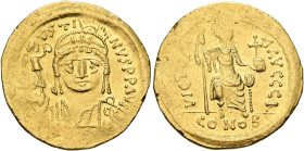 Justin II, 565-578. Solidus (Gold, 20 mm, 4.46 g, 6 h), Constantinopolis, 566/7-578. [D N] IVSTINVS P P AVI Helmeted, diademed and cuirassed bust of J...