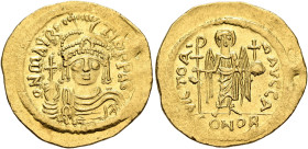 Maurice Tiberius, 582-602. Solidus (Gold, 22 mm, 4.54 g, 6 h), Constantinopolis, 583-601. o N mAVRC TIb P P AVC Draped and cuirassed bust of Maurice T...