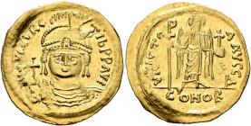 Maurice Tiberius, 582-602. Solidus (Gold, 23 mm, 4.51 g, 6 h), Constantinopolis, 583-601. O N mAVRC TIb P P AVC Draped and cuirassed bust of Maurice T...