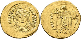Maurice Tiberius, 582-602. Solidus (Gold, 21 mm, 4.41 g, 6 h), Constantinopolis, 583-601. O N mAVRC TIb P P AVC Draped and cuirassed bust of Maurice T...