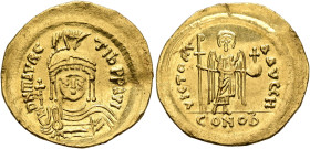 Maurice Tiberius, 582-602. Solidus (Gold, 21 mm, 4.46 g, 7 h), Constantinopolis, 583-601. D N mAVRC TIb P P AVC Draped and cuirassed bust of Maurice T...