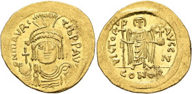 Maurice Tiberius, 582-602. Solidus (Gold, 22 mm, 4.47 g, 6 h), Constantinopolis, 583-601. o N mAVRC TIb P P AV' Draped and cuirassed bust of Maurice T...