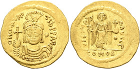 Maurice Tiberius, 582-602. Light weight Solidus of 23 Siliquae (Gold, 22 mm, 4.27 g, 7 h), Theoupolis (Antiochia). O N mAVRC TIb P P AVG Draped and cu...