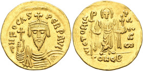 Phocas, 602-610. Solidus (Gold, 21 mm, 4.37 g, 6 h), Constantinopolis, 607-610. δ N FOCAS PERP AVI Draped and cuirassed bust of Phocas facing, wearing...