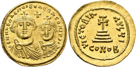 Heraclius, with Heraclius Constantine, 610-641. Solidus (Gold, 22 mm, 4.43 g, 6 h), Constantinopolis, circa 616-625. dd NN hERA]CLIЧS ET hERA CONST P ...