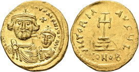 Heraclius, with Heraclius Constantine, 610-641. Solidus (Gold, 21 mm, 4.43 g, 6 h), Constantinopolis, circa 616-625. dd NN hERA]CLIЧS ET hERA CONST P ...