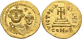 Heraclius, with Heraclius Constantine, 610-641. Solidus (Gold, 20 mm, 4.50 g, 6 h), Constantinopolis, circa 616-625. dd NN hЄRACLIЧS ET hERA CONST PP ...